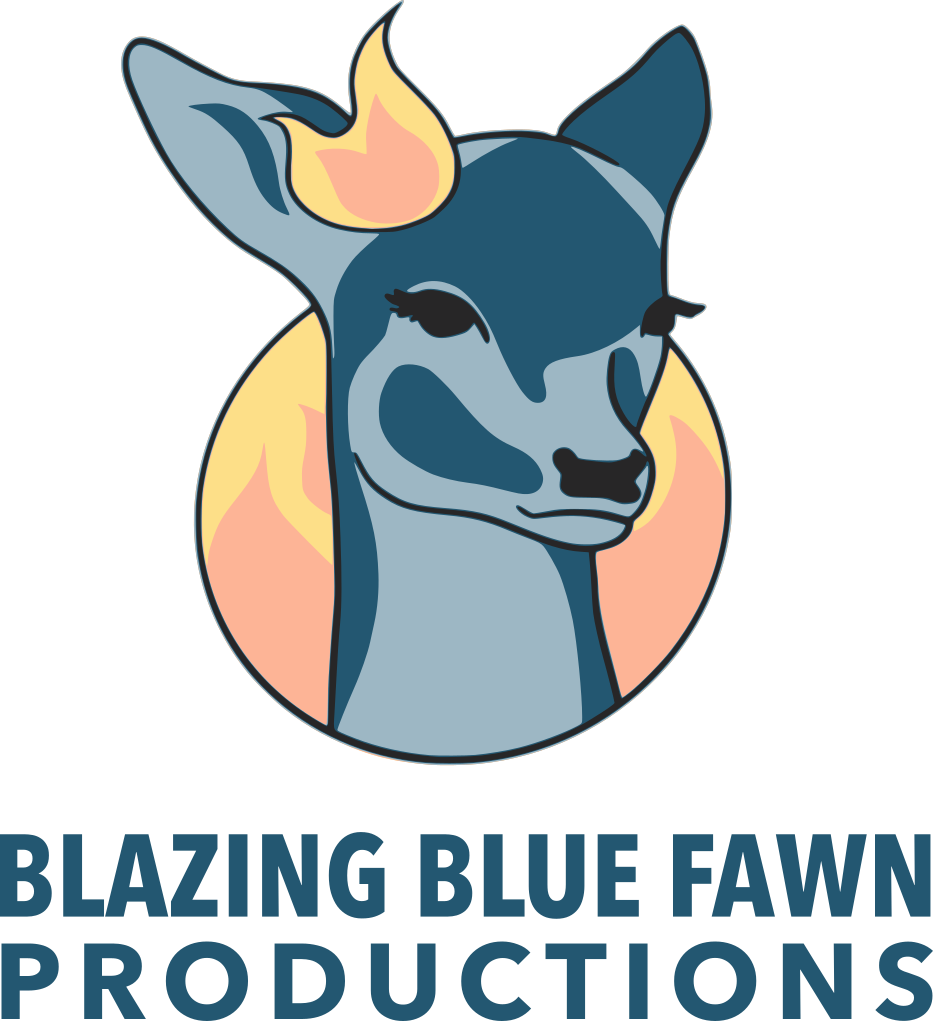Blazing Blue Fawn Productions logo - an image of a blue fawn on circular backdrop of orange and yellow simple flames, and a flame decoration next to one of its ears